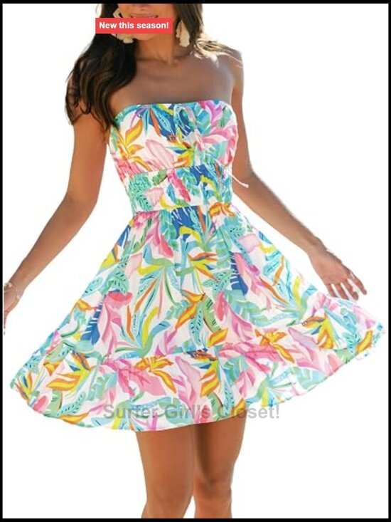 Dresses & Skirts - Strapless Smocked Mini Dress, Fit & Flare, Summer Beach Vacation